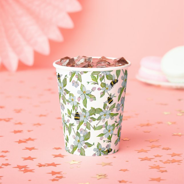 Watercolor pattern garden blooms and bumblebees paper cups (Insitu)
