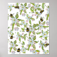 Watercolor pattern garden blooms and bumblebees