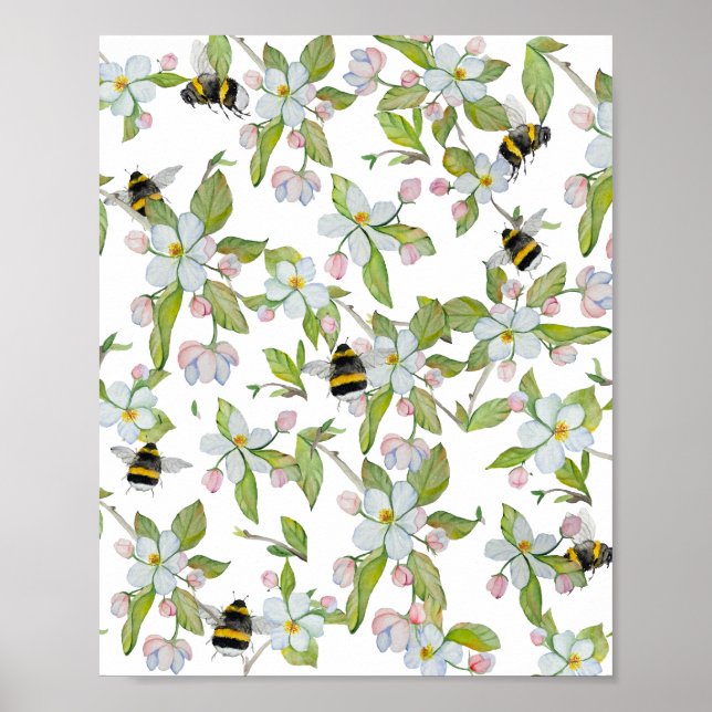 Watercolor pattern garden blooms and bumblebees poster (Front)