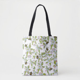Watercolor pattern garden blooms and bumblebees tote bag
