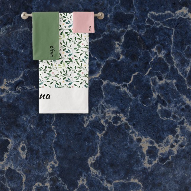 Watercolor pattern green leaf name bath towel set (Creator Uploaded)
