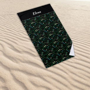 Watercolor pattern green leaf name black beach towel