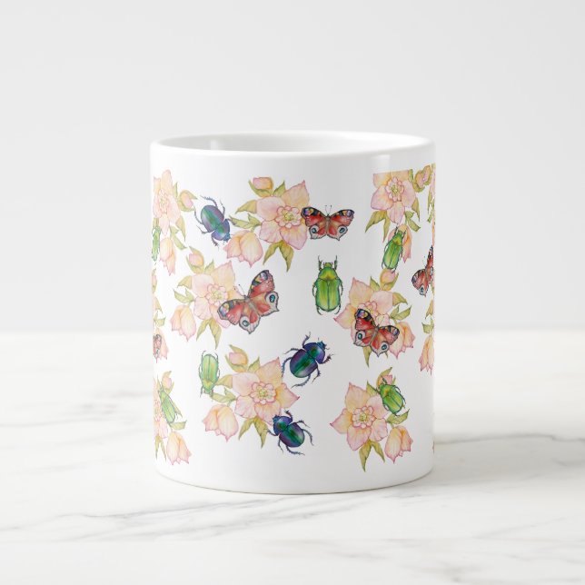 Watercolor pattern of beetles and butterflies large coffee mug (Front)