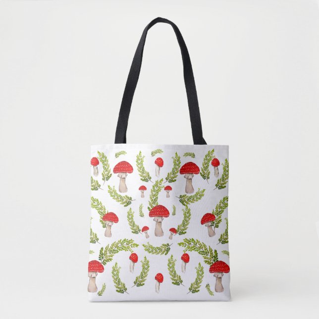 Watercolor pattern of fly agarics and fern tote bag (Front)