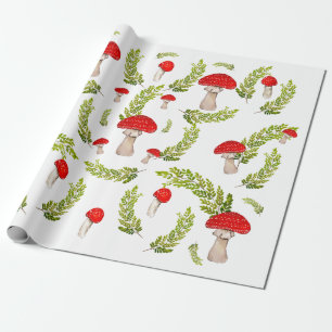 Watercolor pattern of fly agarics and fern wrapping paper
