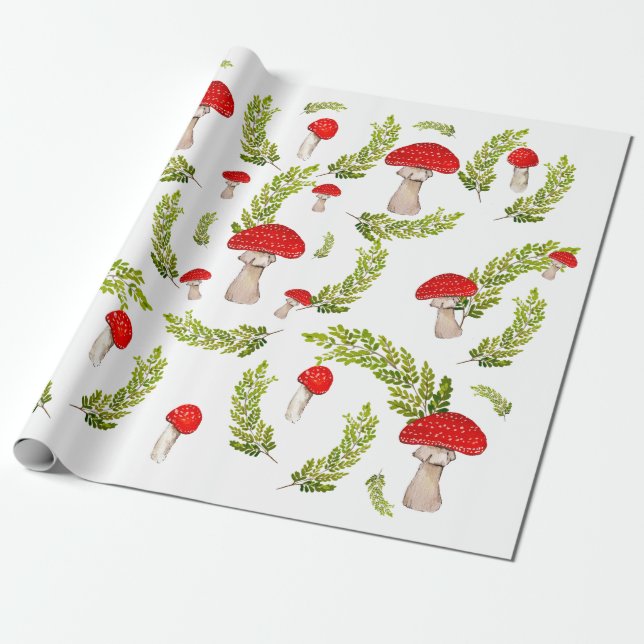 Watercolor pattern of fly agarics and fern wrapping paper (Unrolled)