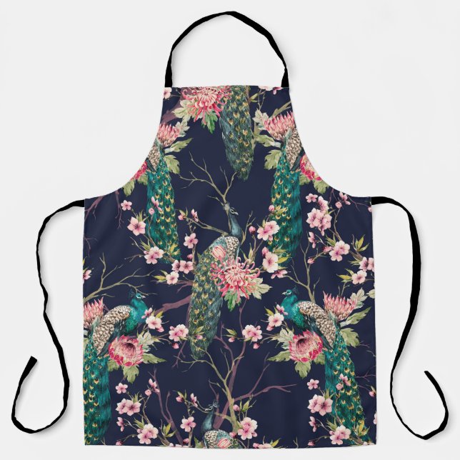 watercolor pattern peacock on a tree cherry,flower apron (Front)
