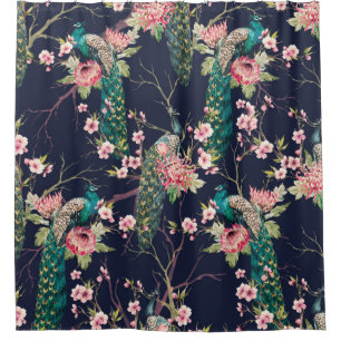 watercolor pattern peacock on a tree cherry,flower shower curtain