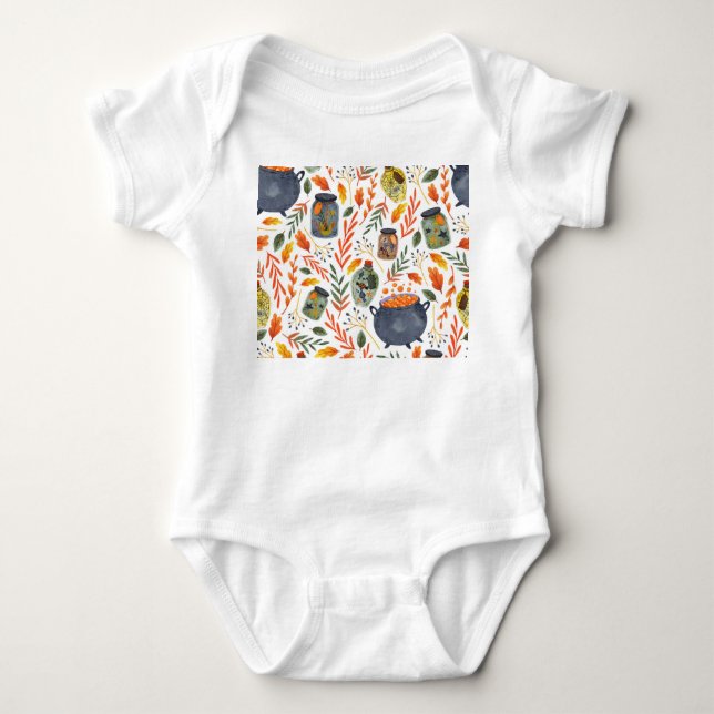 Watercolor Pattern with Autumn Foliage. Baby Bodysuit (Front)