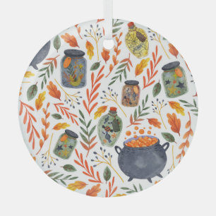 Watercolor Pattern with Autumn Foliage. Glass Tree Decoration