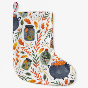 Watercolor Pattern with Autumn Foliage. Small Christmas Stocking