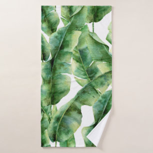 Watercolor pattern with banana palm leaves. Hand p Bath Towel