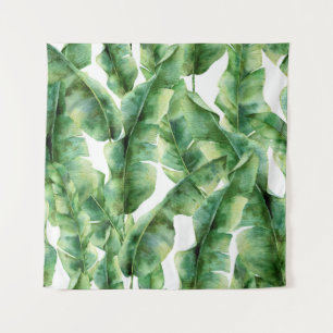 Watercolor pattern with banana palm leaves. Hand p Tapestry