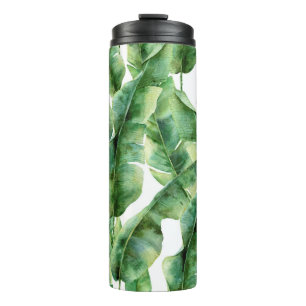 Watercolor pattern with banana palm leaves. Hand p Thermal Tumbler