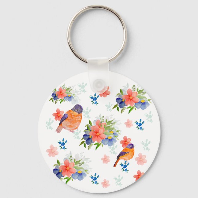 Watercolor pattern with birds and flowers bottle key ring (Front)