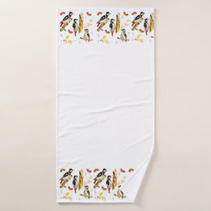 Watercolor pattern with birds woodpecker bath towel