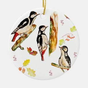 Watercolor pattern with birds woodpecker ceramic tree decoration