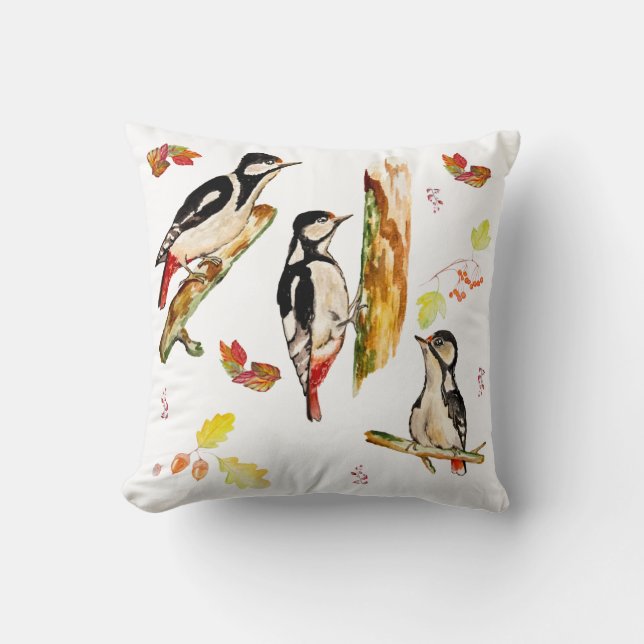 Watercolor pattern with birds woodpecker cushion (Front)