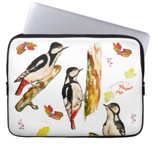 Watercolor pattern with birds woodpecker laptop sleeve