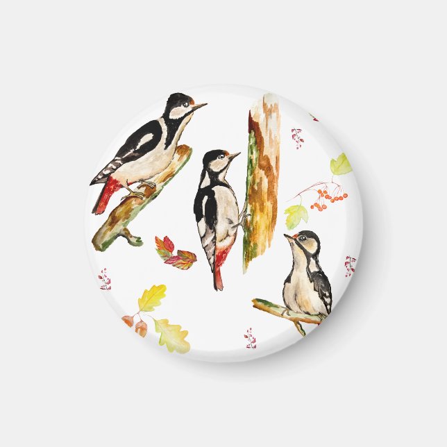 Watercolor pattern with birds woodpecker magnet (Front)