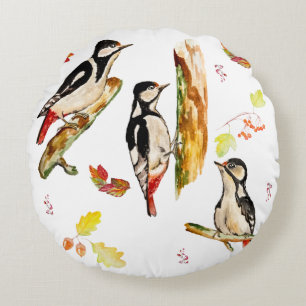 Watercolor pattern with birds woodpecker round cushion