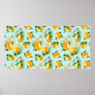 Watercolor pattern with lemons and leaves. Seamles Poster