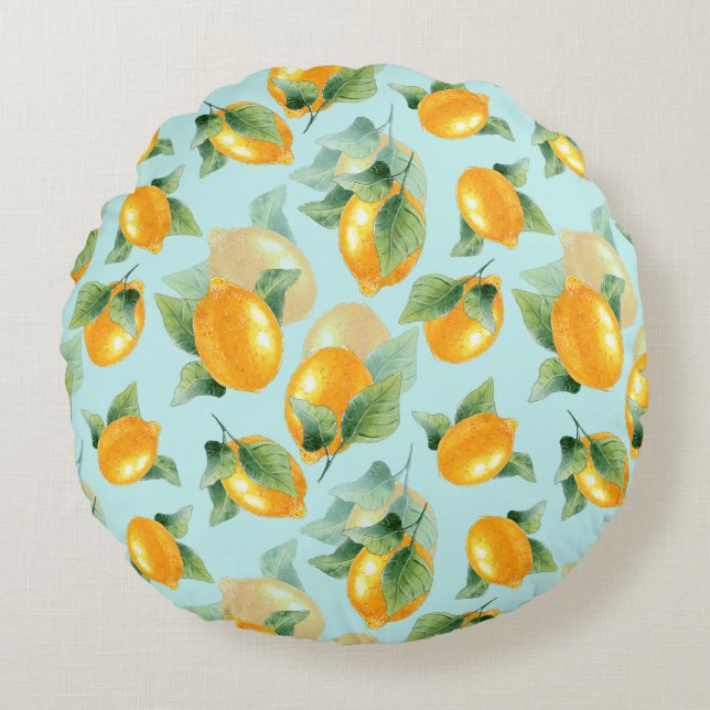 Watercolor pattern with lemons and leaves. Seamles Round Cushion (Front)