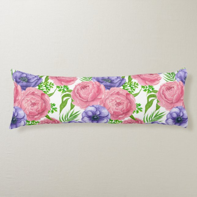 Watercolor pattern with peony and anemone flowers body cushion (Front)