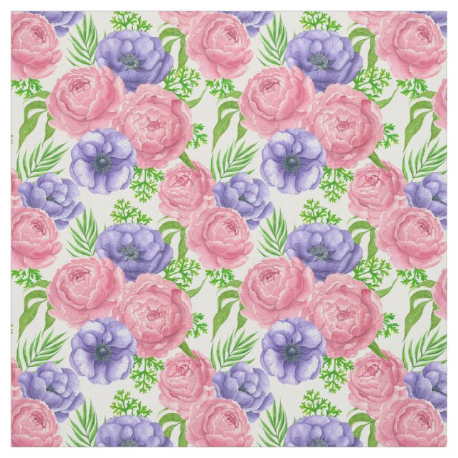 Watercolor pattern with peony and anemone flowers fabric (Swatch)