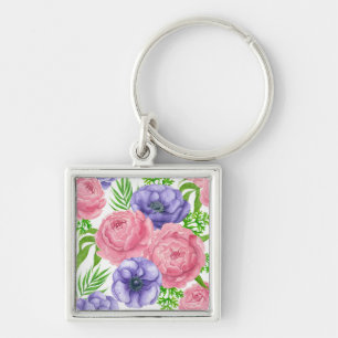 Watercolor pattern with peony and anemone flowers key ring