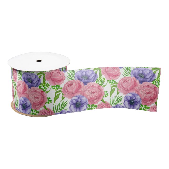 Watercolor pattern with peony and anemone flowers satin ribbon (Spool)