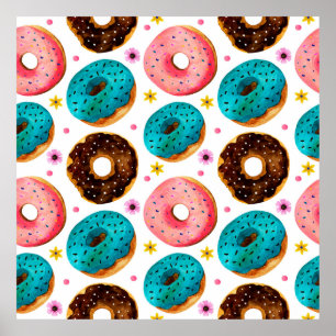 Watercolor pattern with pink, blue and chocolate d poster