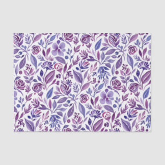 Watercolor Pattern with Purple Flowers and Leaves Tissue Paper