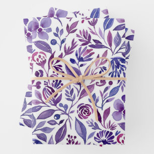 Watercolor Pattern with Purple Flowers and Leaves Wrapping Paper Sheet