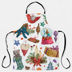 Watercolor Pattern with Vintage Christmas ornament Apron