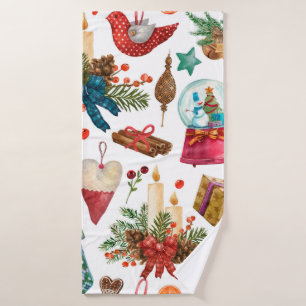 Watercolor Pattern with Vintage Christmas ornament Bath Towel