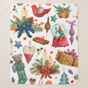 Watercolor Pattern with Vintage Christmas ornament Sherpa Blanket