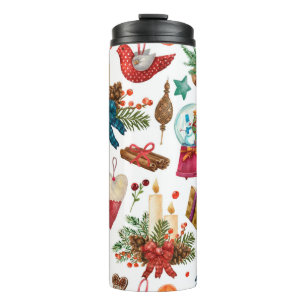 Watercolor Pattern with Vintage Christmas ornament Thermal Tumbler