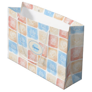 Watercolor Paw Prints & Hearts in Boxes Large Gift Bag