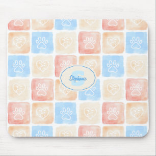 Watercolor Paw Prints & Hearts in Boxes Mouse Mat