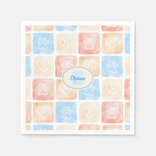 Watercolor Paw Prints & Hearts in Boxes Napkin