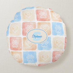 Watercolor Paw Prints & Hearts in Boxes Round Cushion