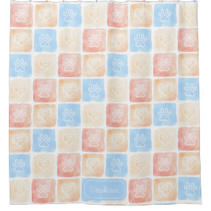 Watercolor Paw Prints & Hearts in Boxes Shower Curtain