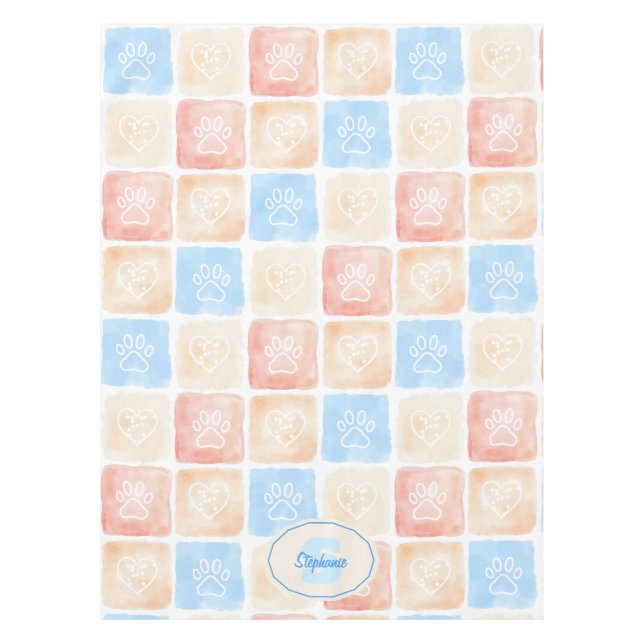 Watercolor Paw Prints & Hearts in Boxes Tablecloth (Front)