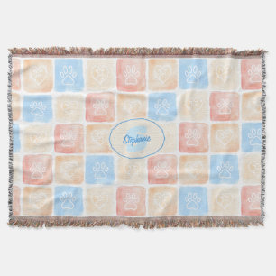 Watercolor Paw Prints & Hearts in Boxes Throw Blanket