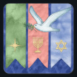 Watercolor Peace Christmas Kwanzaa Hanukkah Square Sticker<br><div class="desc">This blue,  green,  and red watercolor holiday design -- inclusive of Christmas,  Kwanzaa,  and Hanukkah -- matches our Peace on Earth holiday cards. This design makes a great finishing touch to holiday packages or envelopes as envelopes seals.</div>