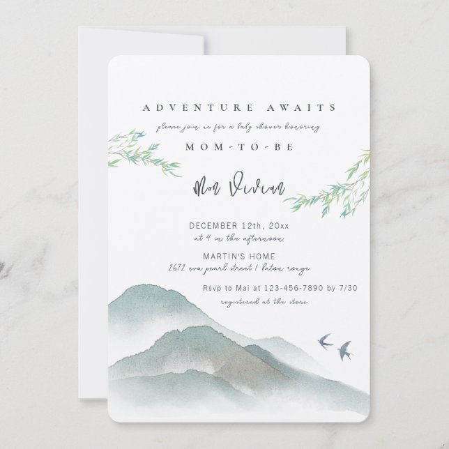 Watercolor Peaceful Woodland Mountain Baby Shower Invitation (Front)