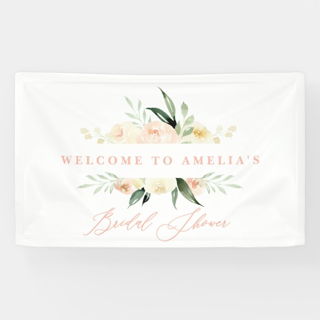 Watercolor peach and green floral bridal shower banner (Horizontal)