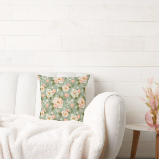 Watercolor Peach and Green Floral  Cushion