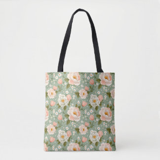 Watercolor Peach and Green Floral  Tote Bag